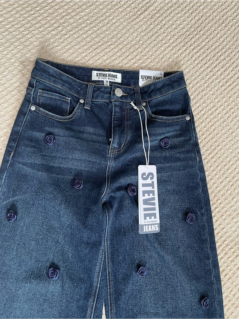 Steve Madden Navy Straight-Leg Jeans with Purple Rose Appliqués